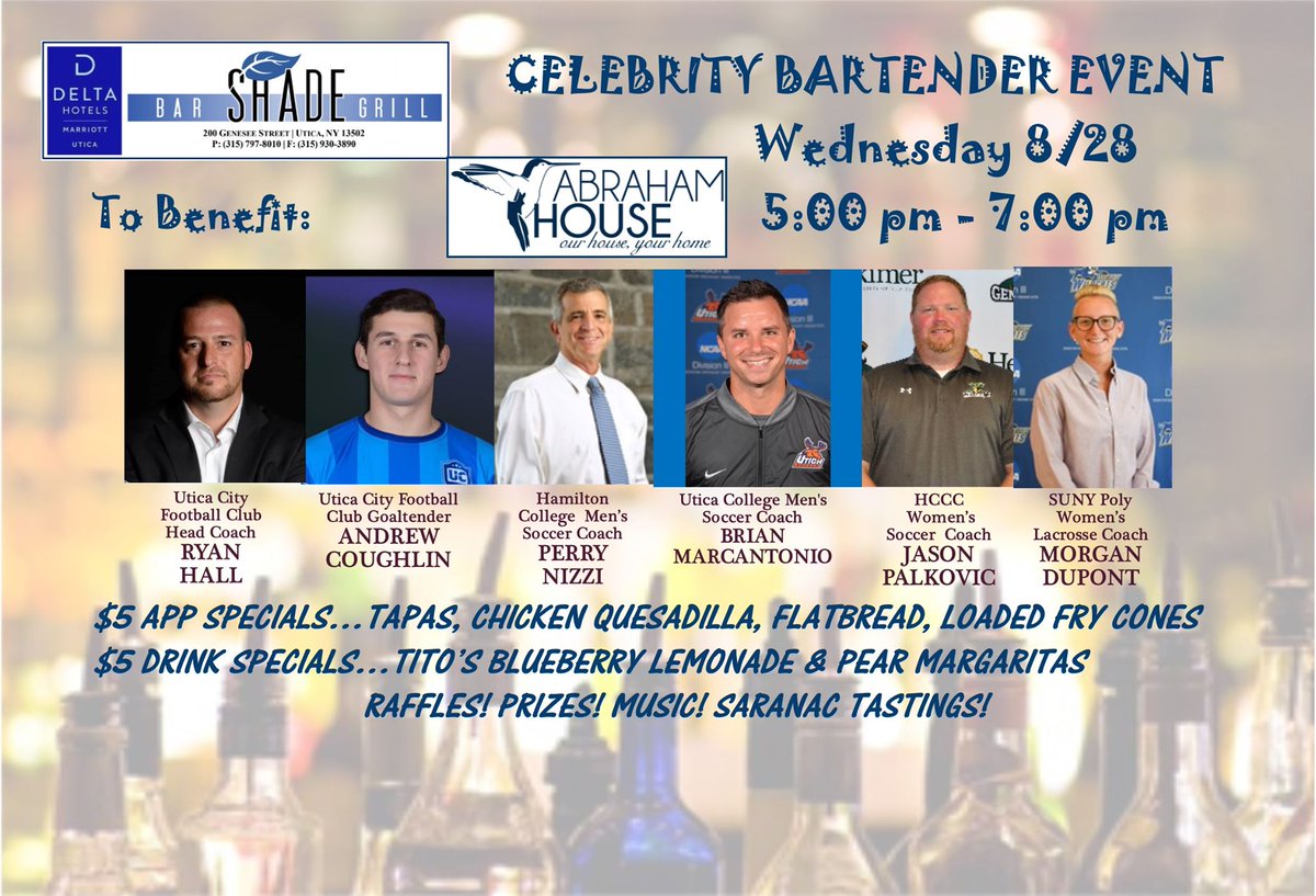 Join <a href="/rhall4421/">Ryan Hall</a> and @AT_Coughlin22 at the <a href="/DeltaUtica/">Delta Hotels by Marriott Utica</a> Shade Bar and Grill tonight as we help raise money for the @AbrahamHouseU.