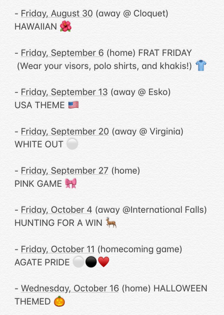 CoTHHS's tweet photo. Get ready for another exciting football season!!🏈 Here are the themes for this year’s games:

See you there!! https://t.co/pUbnIESHfd