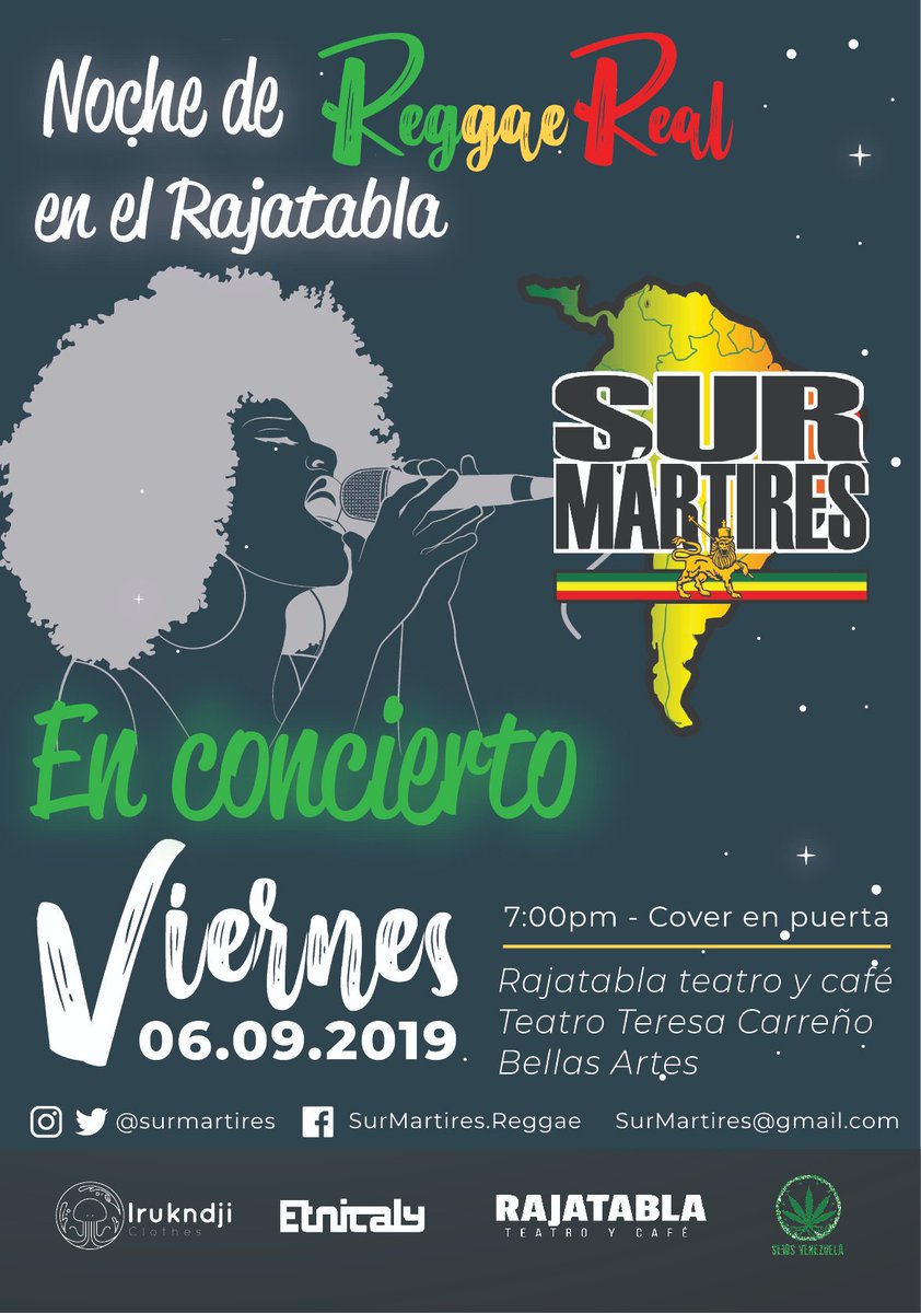 SurMartires's tweet photo. Noche de #ReggaeReal con @SurMartires + @Dj_Etnicaly / Viernes 6 de Septiembre / 7PM / Cover: 1$ o al cambio https://t.co/Yg1nlO7XdT