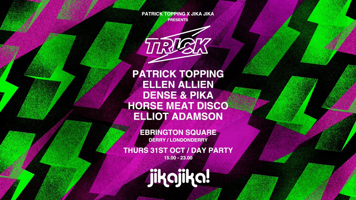 JikaJikaDerry's tweet photo. TRICK OR TREAT ⚡ 👻 

Trick's first Irish show announced! And it’s on Halloween! 
We are teaming up with Patrick Topping and putting a roof over Ebrington Square! 🙌 

Sign up here for pre-sale tickets! 
https://t.co/w8zFe8GcSg

📢 RT TO WIN 2 x TICKETS! https://t.co/hL1oAZwDGi