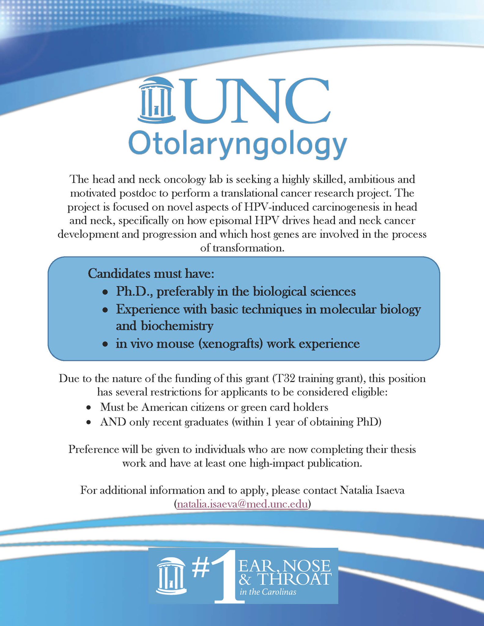 Unc Ent On Twitter The Head And Neck Oncology Lab Is Seeking A Post Doc To Perform A Translational Cancer Research Project Contact Natalia Isaeva For More Details Https T Co Fexpcbriy3