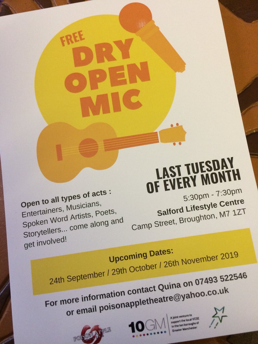 Here’s the dates of our Autumn/Winter #OpenMic nights at Salford Lifestyle Centre - last Tuesday of every month! Funded by @SalfordCVS @AchievebstG #DryBar 

24th Sept
29th Oct
26th Nov

Thanks to @PDCManchester for the high quality fliers and fast turnaround. #ShopLocal