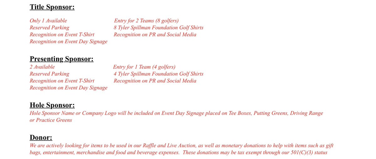 ts_memorial's tweet photo. We are also needing event sponsors to partner with us for this event. Some sponsorship opportunities that are available are below✅ For all monetary donations, auction item donations or hole sponsorships please contact- Gina Patino at: patinogina@hotmail.com https://t.co/tLOs2oKn2S