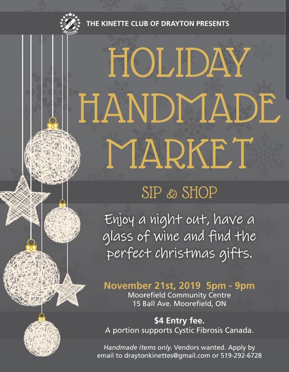 Back by popular demand is our 2nd Annual Sip &amp; Shop Handmade Market.  Thursday November 21st, 5pm - 9pm in Moorefield.  Vendors Wanted! see poster for details. 

#sipandshop #handmademarket #vendorswanted #draytonkinettes #mapleton #mymapleton #moorefieldontario #makers #shop