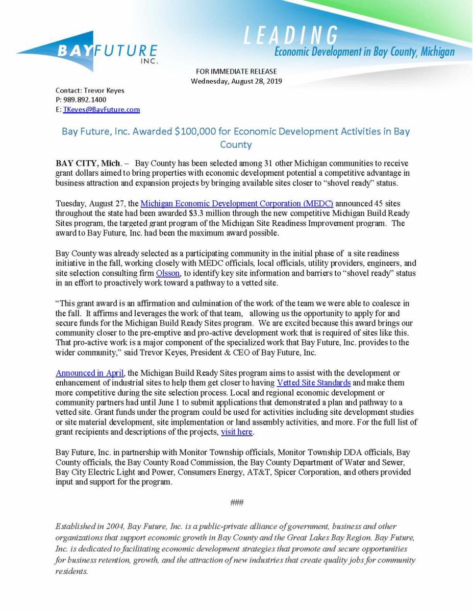 bayfuture's tweet image. PRESS RELEASE: Bay Future, Inc. Awarded $100,000 for Economic Development Activities in B... conta.cc/325VDaY