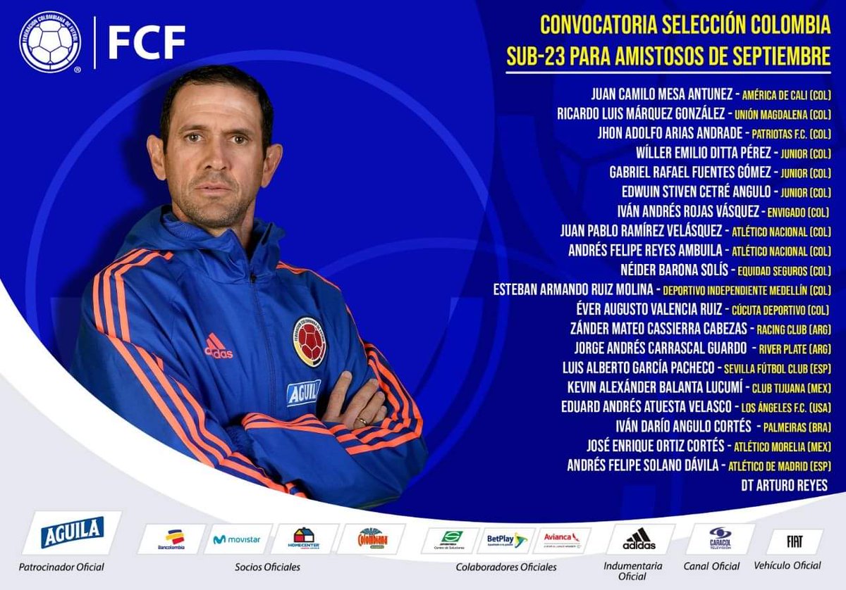 pausadelfutbol2's tweet photo. Convocatoria del señor Reyes para amistosos de la #fcfsub23 de cara al preolímpico en Colombia.
Qué pasará con este señor que no mira los jugadores colombianos de Europa no nacidos en Colombia?
#FelizMiercoles
Foto de @FCFSeleccionCol.
@DIARIODEPORTES @365ScoresApp @jumabame https://t.co/svCHusUtw5