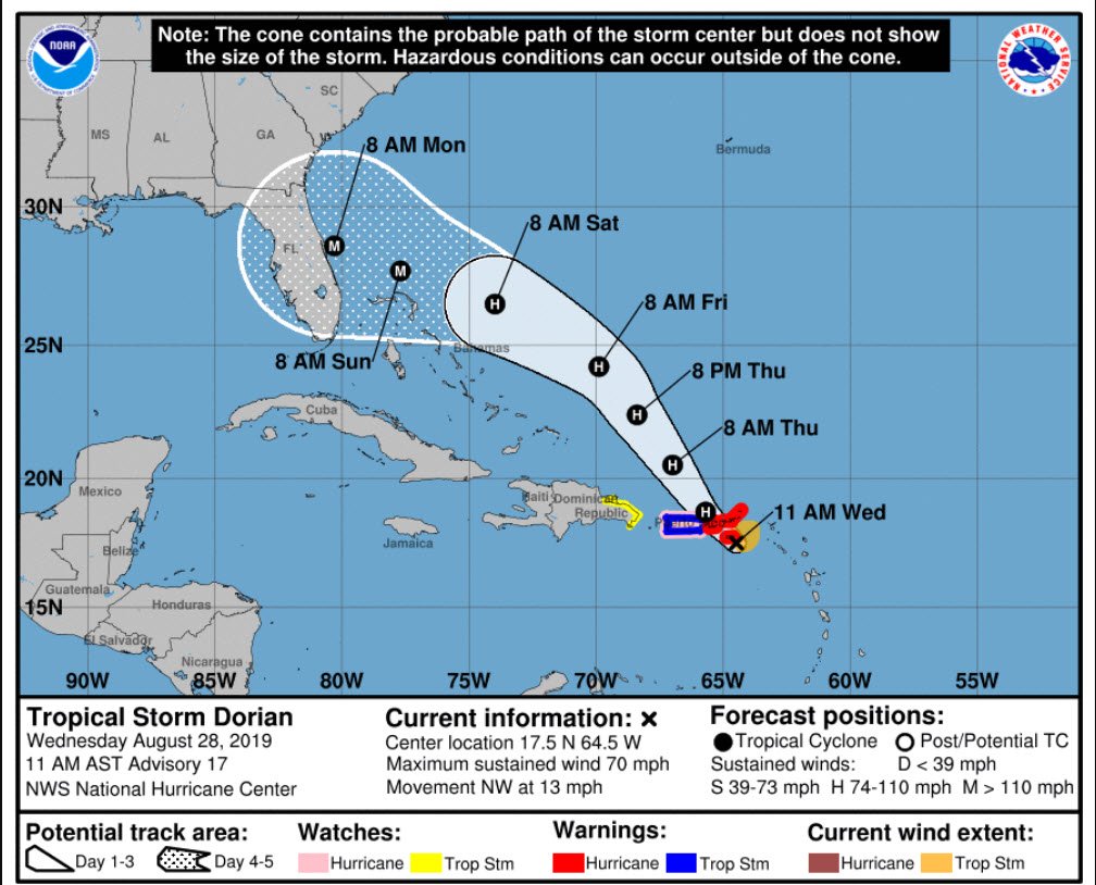ReadyBroward's tweet photo. Broward County Emergency Management Division and County Agencies actively monitoring Tropical Storm #Dorian. Residents should have a hurricane preparation plan in place for family and pets. https://t.co/SZTAQRvLs1 https://t.co/1AivXP7hGv