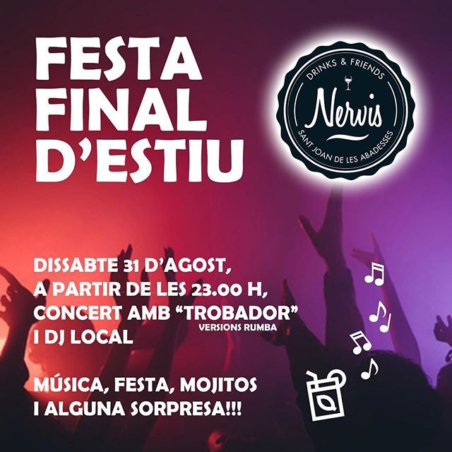 NervisBar's tweet photo. Aquest dissabte 31, vine a acomiadar l’estiu com Déu mana al @nervisbar! Amb rumba, més música, mojitos i alguna sorpresa!!! 🥂🍹🍻🎉🎊⛱
#nervisbar #stjoanab #santjoandelesabedeses #elripolles #festa #mojitos #claaack https://t.co/HwDJ5ya9xk https://t.co/A7PLAjz5ZZ