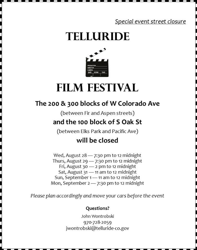 Who is getting excited for the Telluride Film Fest this weekend?  Here a list of expected street closures to help you navigate  #Telluride with minimal frustration!
