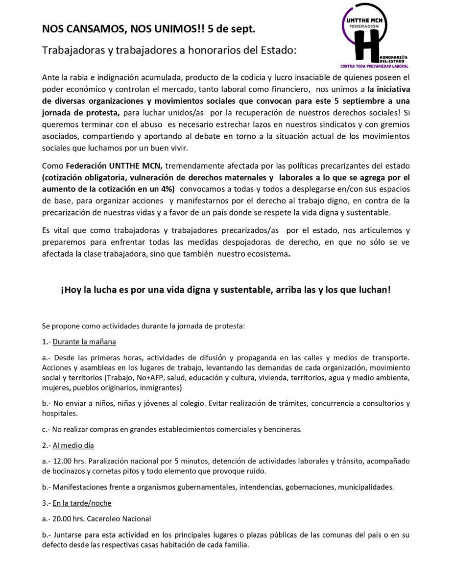 untthe_mcn's tweet photo. #NosCansamosNosUnimos como trabajadores/as precarizados/as por el estado, no podemos estar ajenos a las luchas sociales. La solidaridad y unidad se hacen imprescindibles para terminar con el abuso patronal.
#5septiembre  
#HONORARIOSENLALUCHA https://t.co/68tIWVmHbo