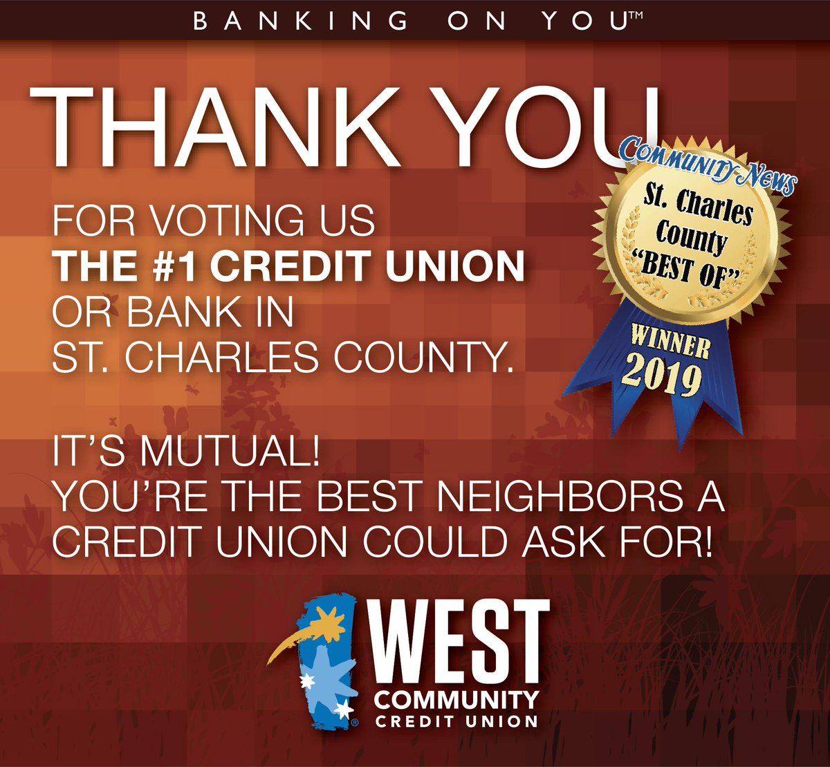 WestCommunityCU's tweet photo. You like us! You really like us! Thank you so much to everyone who voted for us in the @mycnews 2019 BEST OF St Charles County. We are committed to you because we are you ππ
#FinancialCOOP #CUdifference https://t.co/UjYYXy8w8K