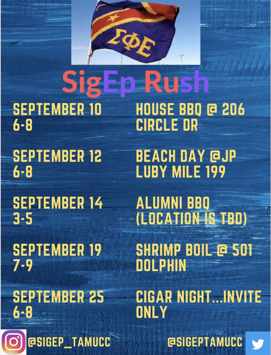 It’s Rush Season 🥴 here are the events so put them in your calendars men ☑️ Message us if you have any questions 🤙🏽 #tamucc #rushsigep #tamucc23