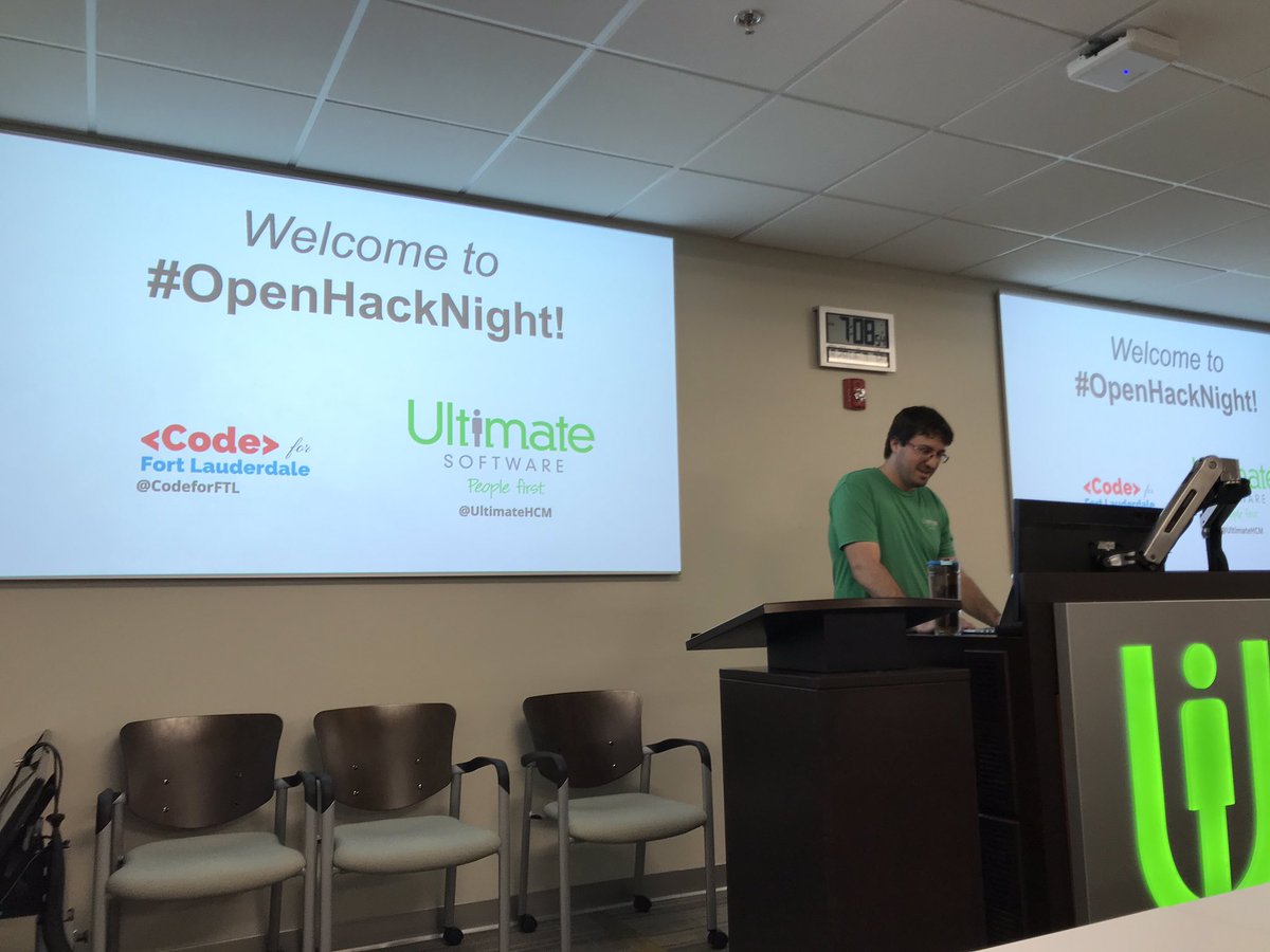 CodeForBroward's tweet photo. .@ryanvgates kicking off #OpenHackNight, thanks for the the space @UltimateHCM! #CfABrigade #opengov #opendata #organize https://t.co/AQwumPfZKd