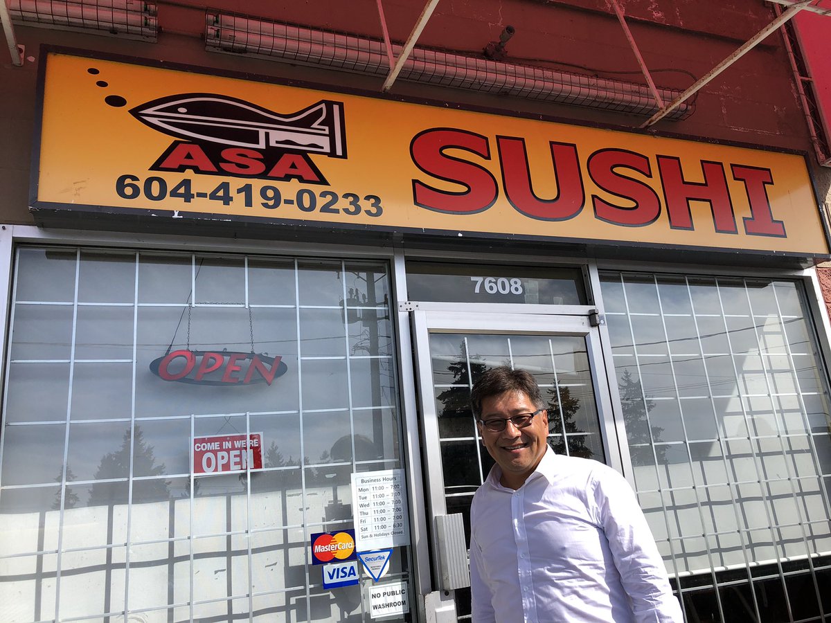 jayshin2019's tweet photo. Enjoying lunch at Asa Sushi on Rumble and Royal Oak in #burnabysouth. Fantastic food. Spoke to owners about making life more affordable. “It’s time for #burnabysouth residents and businesses to get ahead.” #shinforthewin https://t.co/LNICHrxrIz