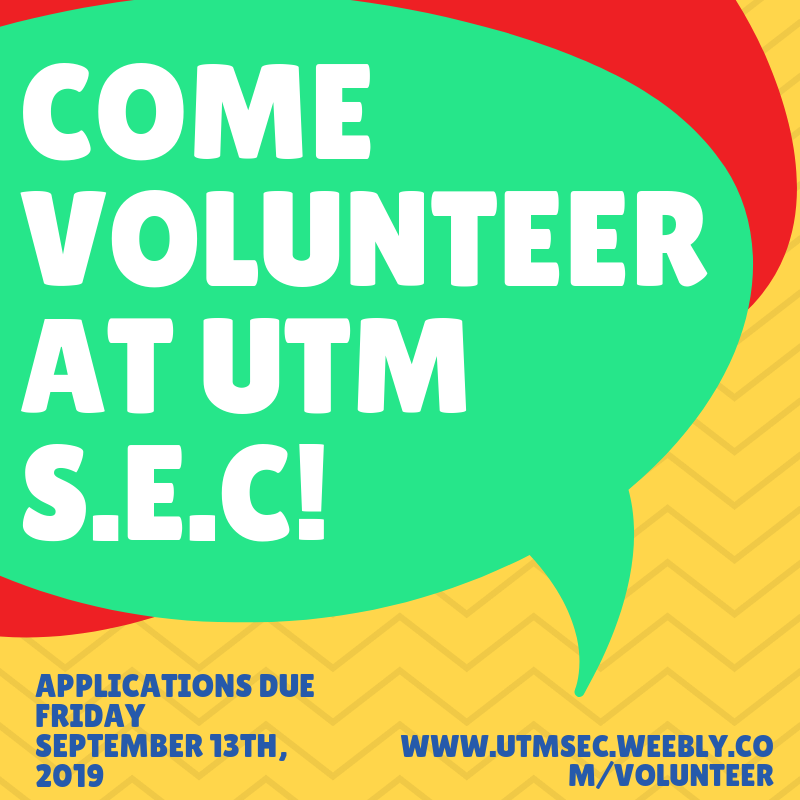 utmsec's tweet photo. SEC is opening volunteer applications for the new year! Volunteers receive CCR🙂applications are found here: https://t.co/AXP5NHLTnA and are due Friday, September 13, 2019! Email them to
volunteercoordinatorsec@gmail.com or drop them off at our office at Student Center Rm. 150! https://t.co/hrYmDgt4EX