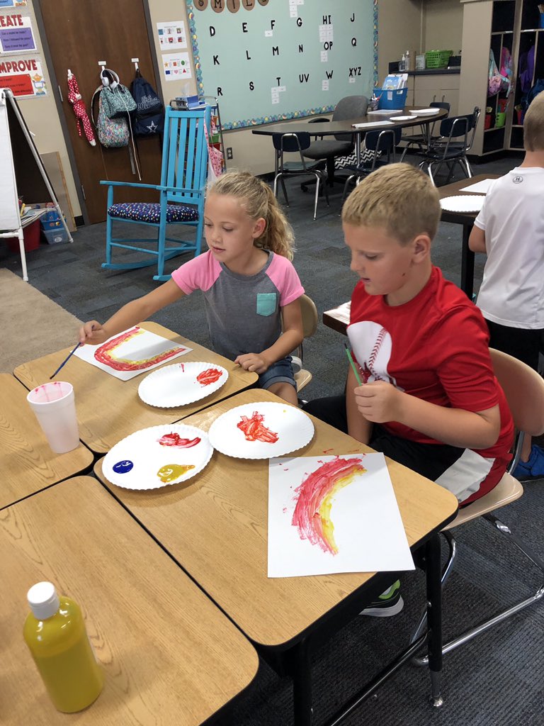MatthewMillerpe's tweet photo. Scientists today were given 3 colors and had to investigate with table teams how to make a rainbow. #teamgoad #1stgraders #TCEStrong https://t.co/zRHlSGOj6Y