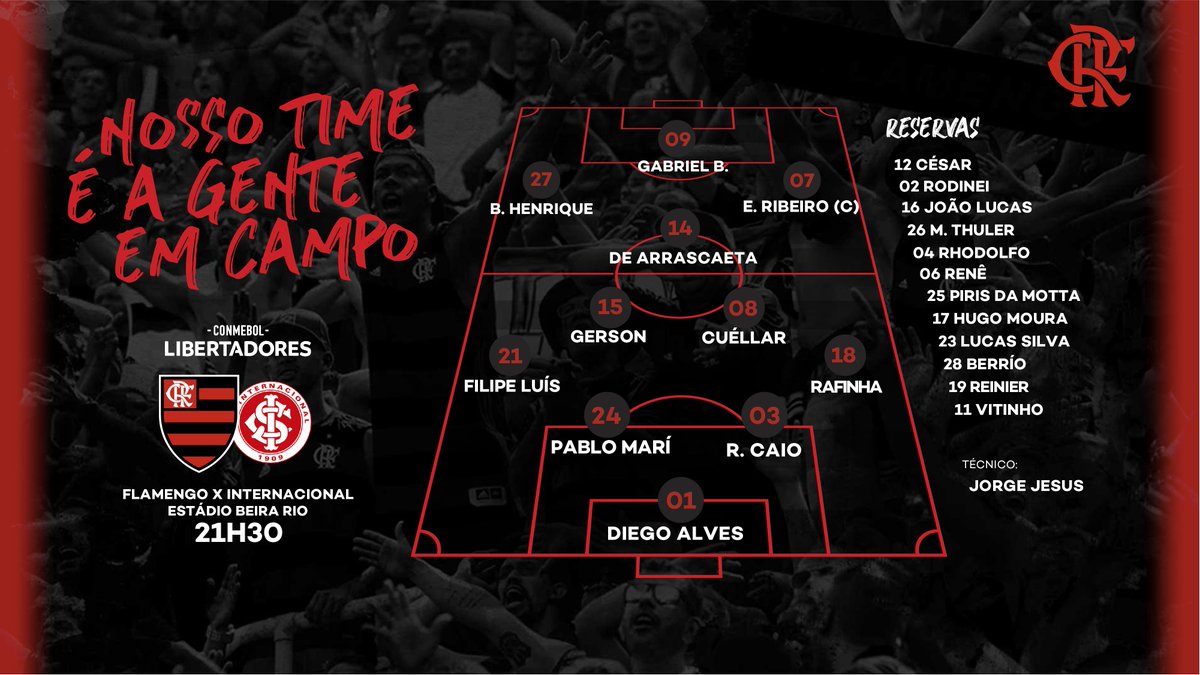 Flamengo's tweet photo. Nosso Time é a Gente em Campo! O Flamengo está escalado para enfrentar o Internacional no jogo de volta das quartas de final da @LibertadoresBR! Vai pra cima deles, Mengo! 🔴⚫ #CRF #INTxFLA https://t.co/ONbdNd7ALW