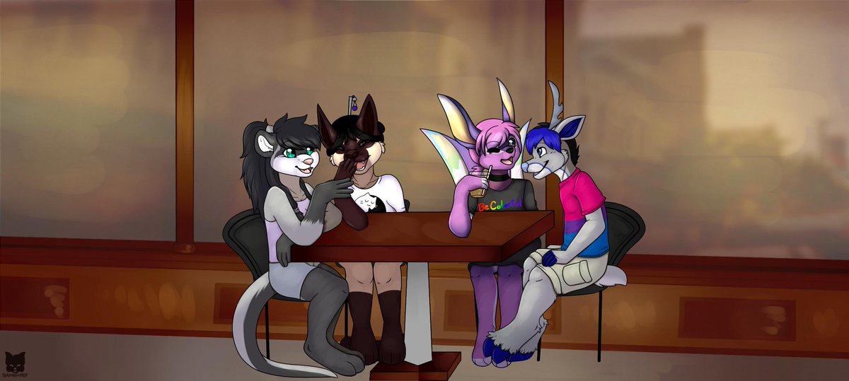 shadowfoxnjp's tweet photo. A bunch of friends enjoying time together eating out at a cafe!
This was such a fun project to work on!
#cafe #furryart #furry #Ferret #siamesecat #deer #moth #shadowfoxnjp #commission https://t.co/uFenrDremt
