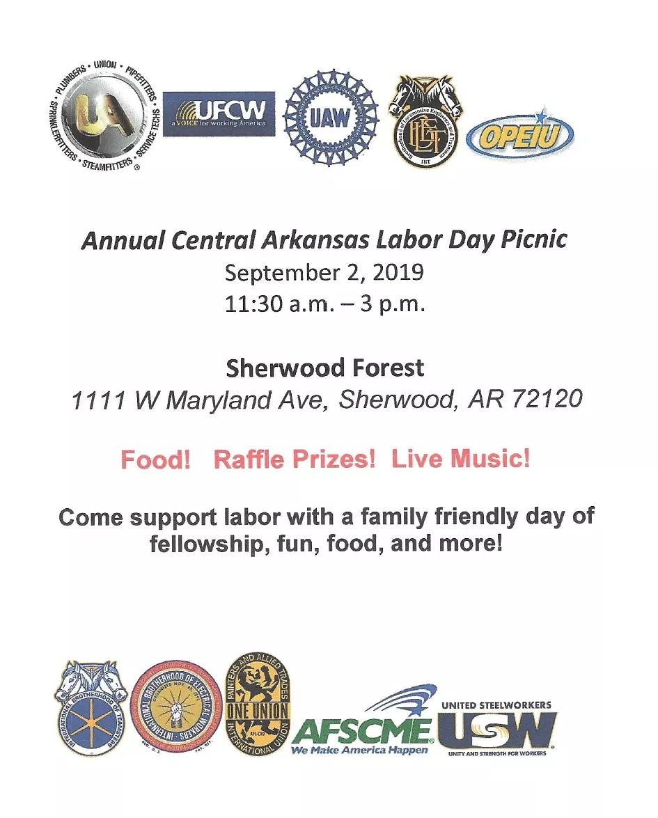 Here is your Central Arkansas Labor Day Picnic information! Stop by on Monday for some good food and Solidarity! ✊#1u #arlabor #arunion #arleg #laborday2019