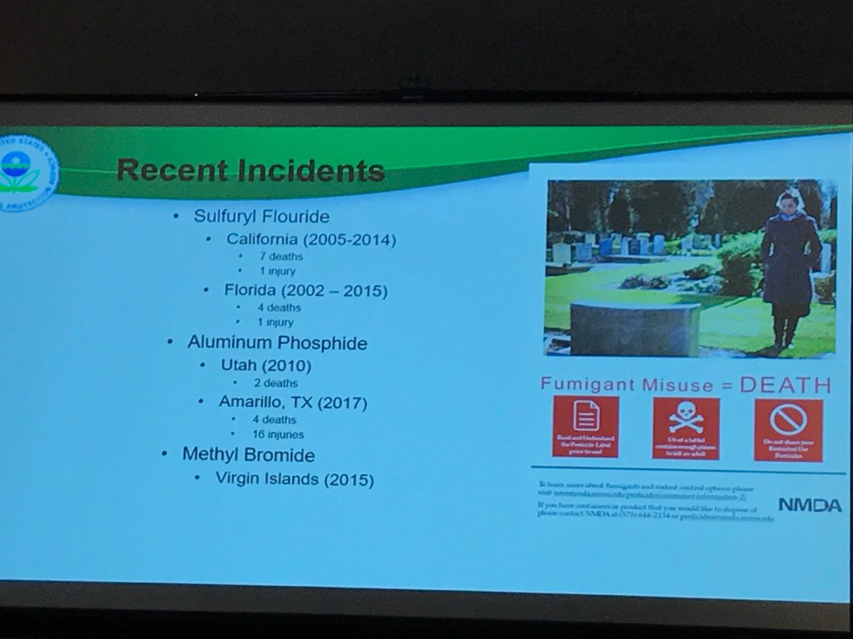 PMU_News's tweet image. Recent incidents in #fumigation presented by ⁦@EPA⁩ at #ASPCRO. FL = 4 deaths. ⁦@UF_IFAS⁩ #ufbugs ⁦@ChouvencL⁩