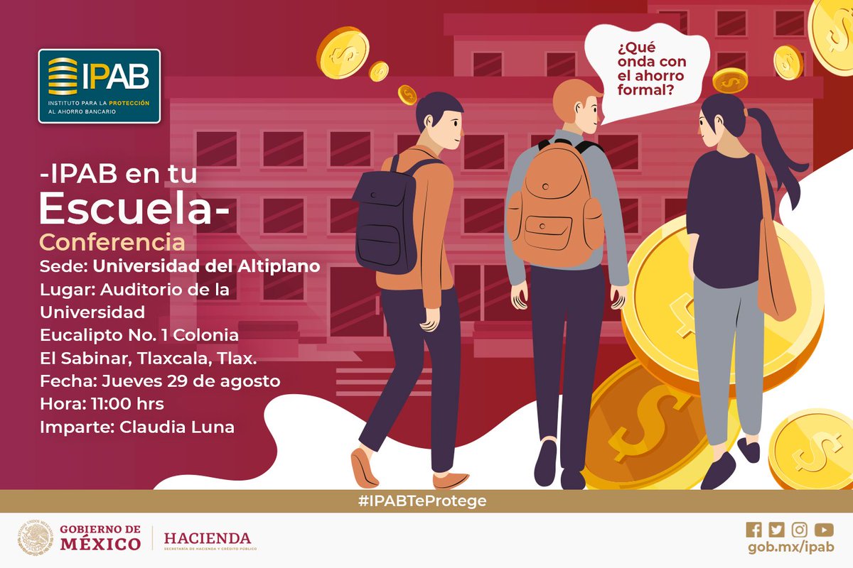 IPAB_mx's tweet photo. ¡Este 29 de agosto la Lic. @clausiluna Dir. Jurídico de Resoluciones Bancarias 'B' del @IPAB_mx impartirá una conferencia en la @UDAOFICIAL sobre "El #Ahorro Bancario en México y su protección" 
⏰11:00 hrs. 
📍Auditorio de la Universidad ¡No faltes! https://t.co/g8mHfHByRU