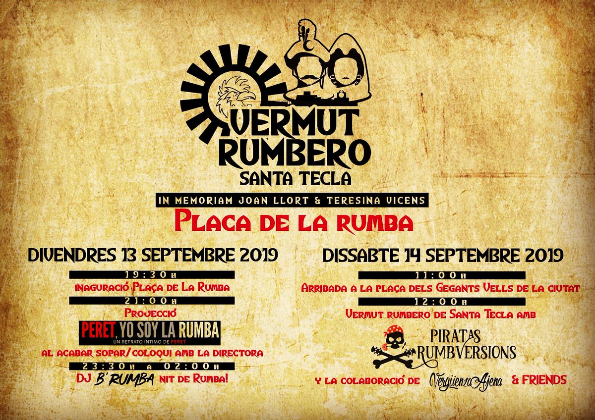 verguenzaajenaa's tweet photo. RUMBER@S! Aquí os presentamos lo que será el VII Vermut Rumbero de Santa Tecla. Este año con 2 dias y muchas novedades, empieza la cuenta atrás para Santa Tecla! Os esperamos a tod@s!
@gegantsvellstgn
@VermutRumbero
@TGNAjuntament
@yosoylarumba
@bielgarzia https://t.co/nQj0GHO2Ei