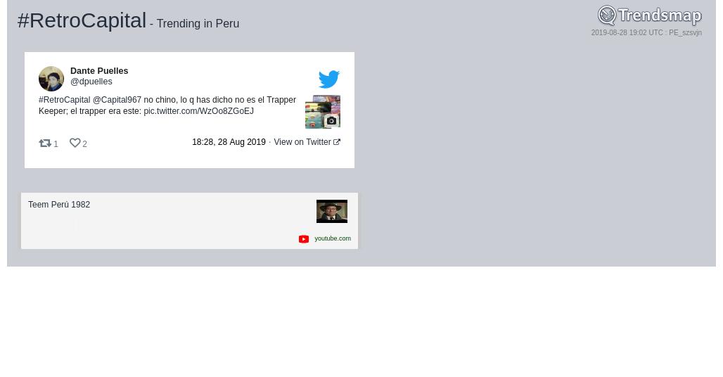 TrendsmapPeru's tweet photo. #retrocapital es ahora una tendencia en Peru
https://t.co/7xPQ0uyZJj https://t.co/q2UI2DEXLn