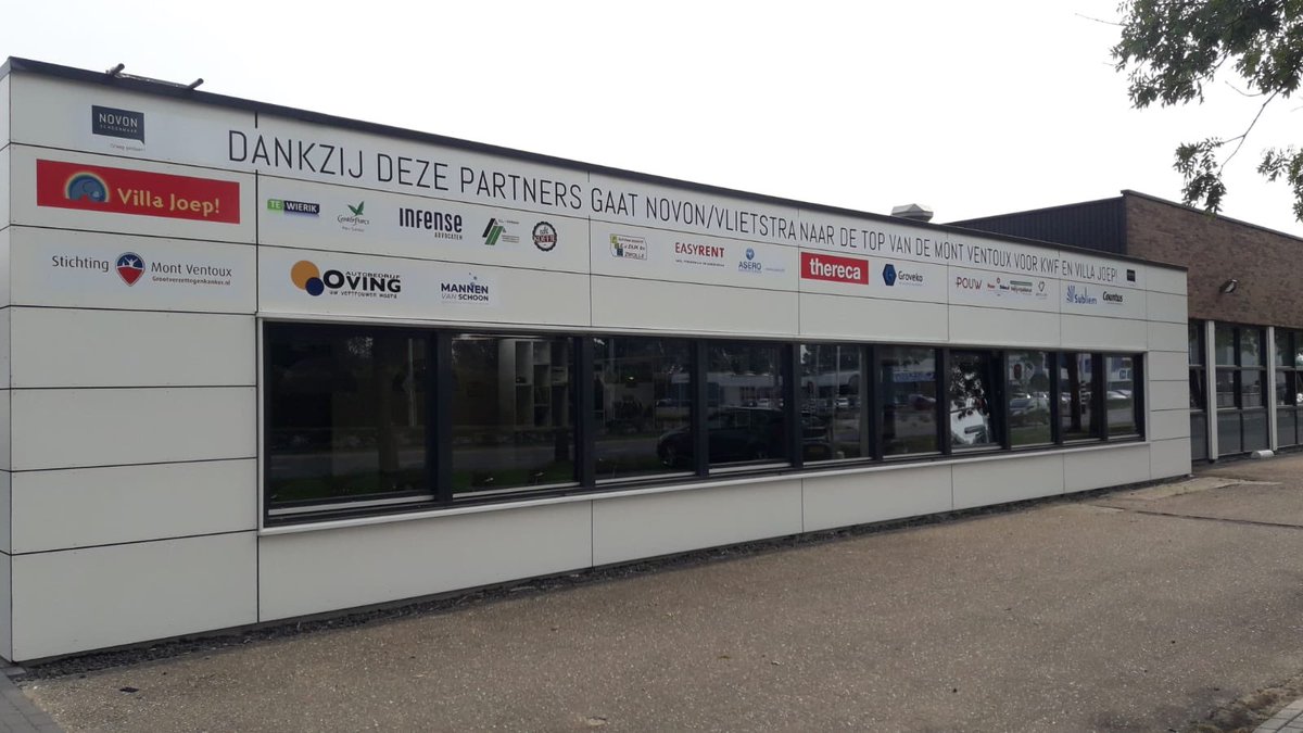 Steeds meer logo’s kleuren ons pand in Zwolle. Al deze bedrijven steunen onze actie voor <a href="/StMontVentoux/">StichtingGrootVerzetTegenKanker</a> #GrootVerzetTegenKanker Nog 8 dagen dan beginnen de lopers aan de beklimming...#dankjewelsponsors   grootverzettegenkanker.nl/teamnovon &amp; vlietstra