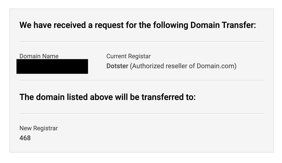 Domain transfer request that lists the New Registrar as "468" instead of "Amazon"