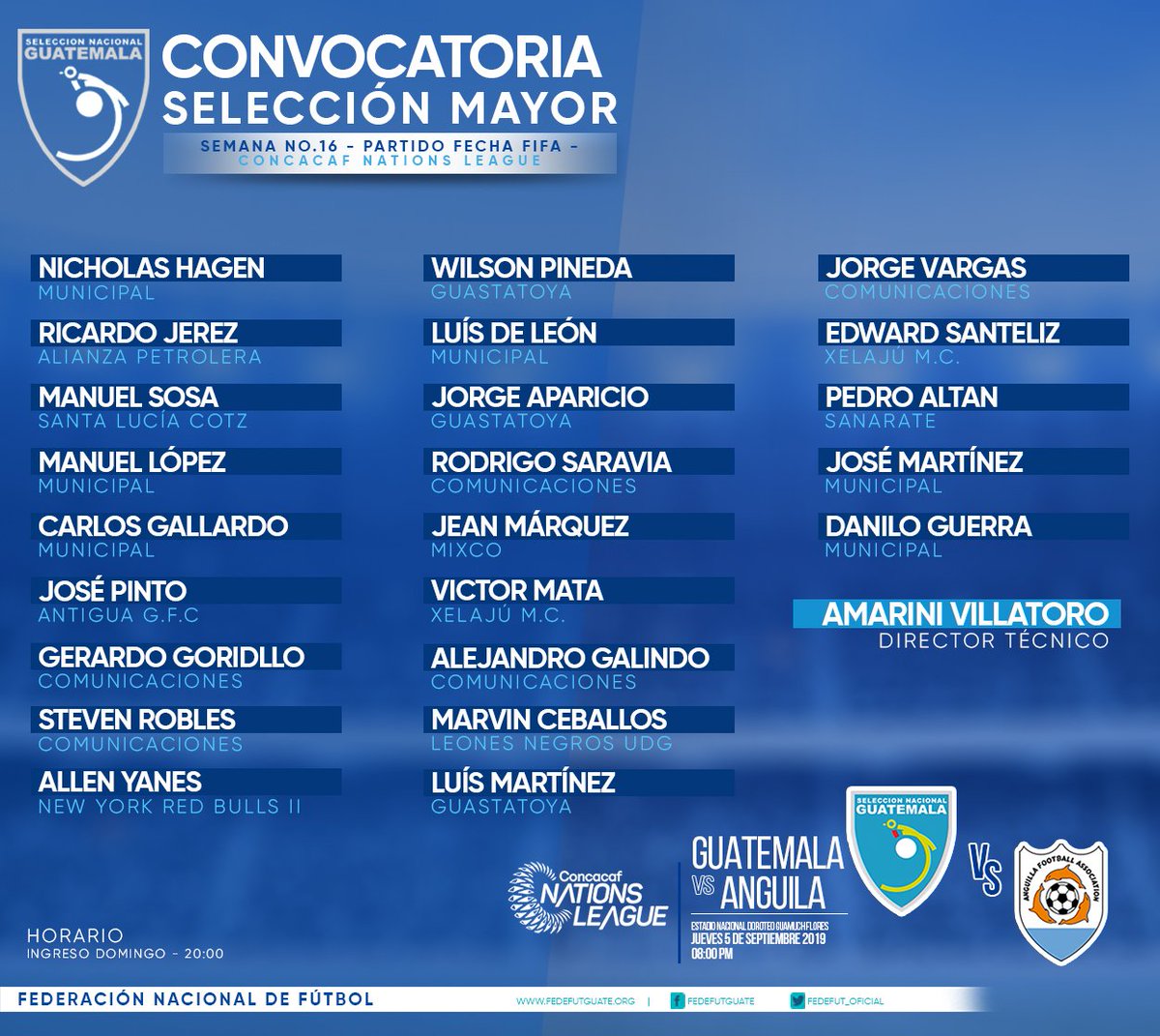 fedefut_oficial's tweet photo. #SeleMayor SELECCIÓN MAYOR CONVOCATORIA SEMANA No. 16 - PARTIDO FECHA FIFA - 

GUATEMALA vs. ANGUILA
🏟️Doroteo Guamuch Flores
📆5 de septiembre 2019
⏱️20:00 hrs
🎟️https://t.co/LGTaEQA4Wf https://t.co/fazhnVLGAa