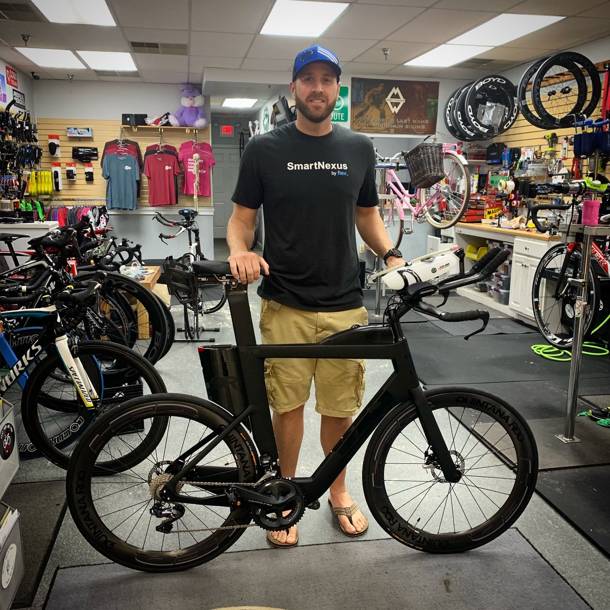 CannonCyclery's tweet photo. Another #NewBikeDay. Another new @quintanarootri. Mark got the PRfive Disc Di2 Race Package. Not too shabby. After a bike fitting today he is good to go. Enjoy buddy and good luck at #IMAugusta! #ironman #triathlon #tribike #bikefit https://t.co/64VSTG89Ze