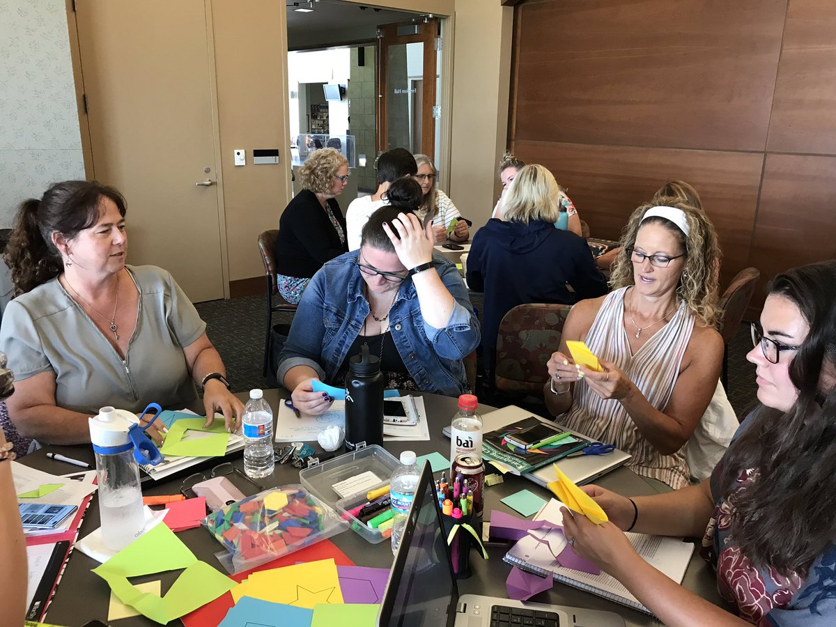 jenniferklawler's tweet photo. Middle school math teachers playing with the fold and cut theorem. You know theyโre engaged when you say to take a break and no one moves! #KUSDmath #KUSDLearn #flow #MTBoS #msmathchat https://t.co/h2TdnHd56N
