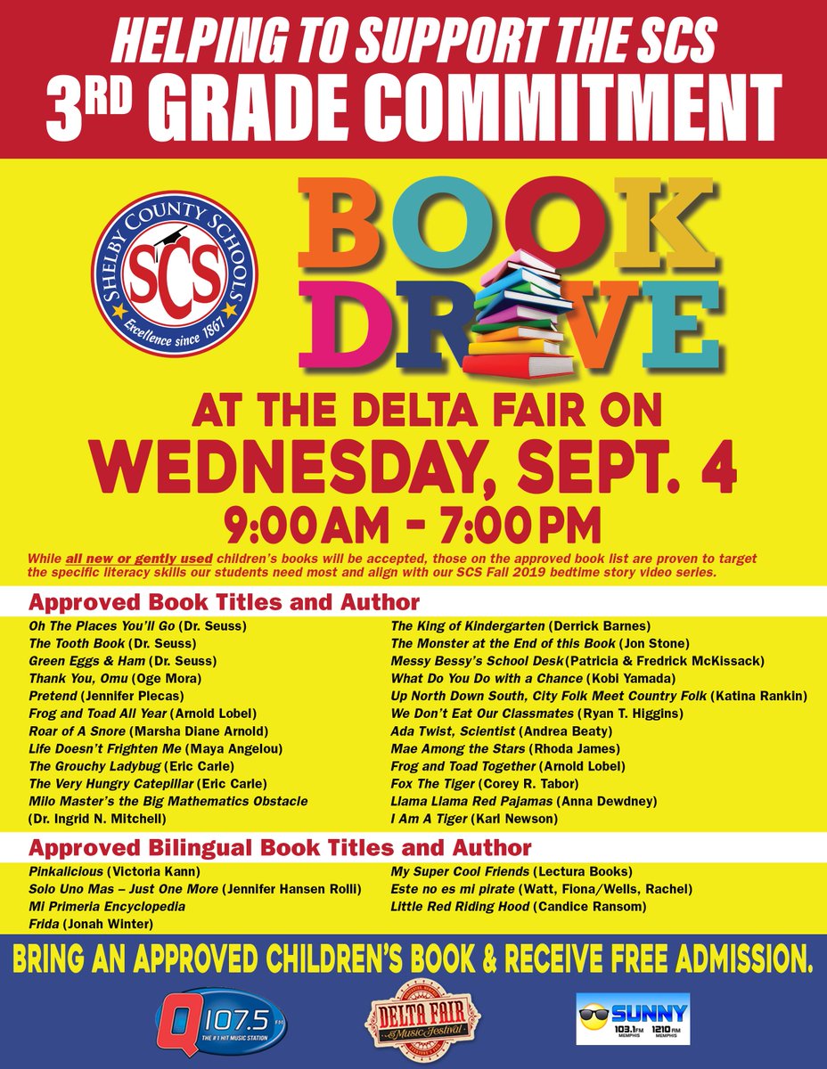MSCSK12's tweet photo. SCS is teaming up with @deltafair, @Q1075, and Sunny Radio to help our young readers! ☀️📚 We are asking for book donations in exchange for FREE ADMISSION to the Fair next Wed, Sept 4! See flyer for more details #Commit2Literacy

#SCSis901 @FlinnRadioTV https://t.co/1cM49xasnV