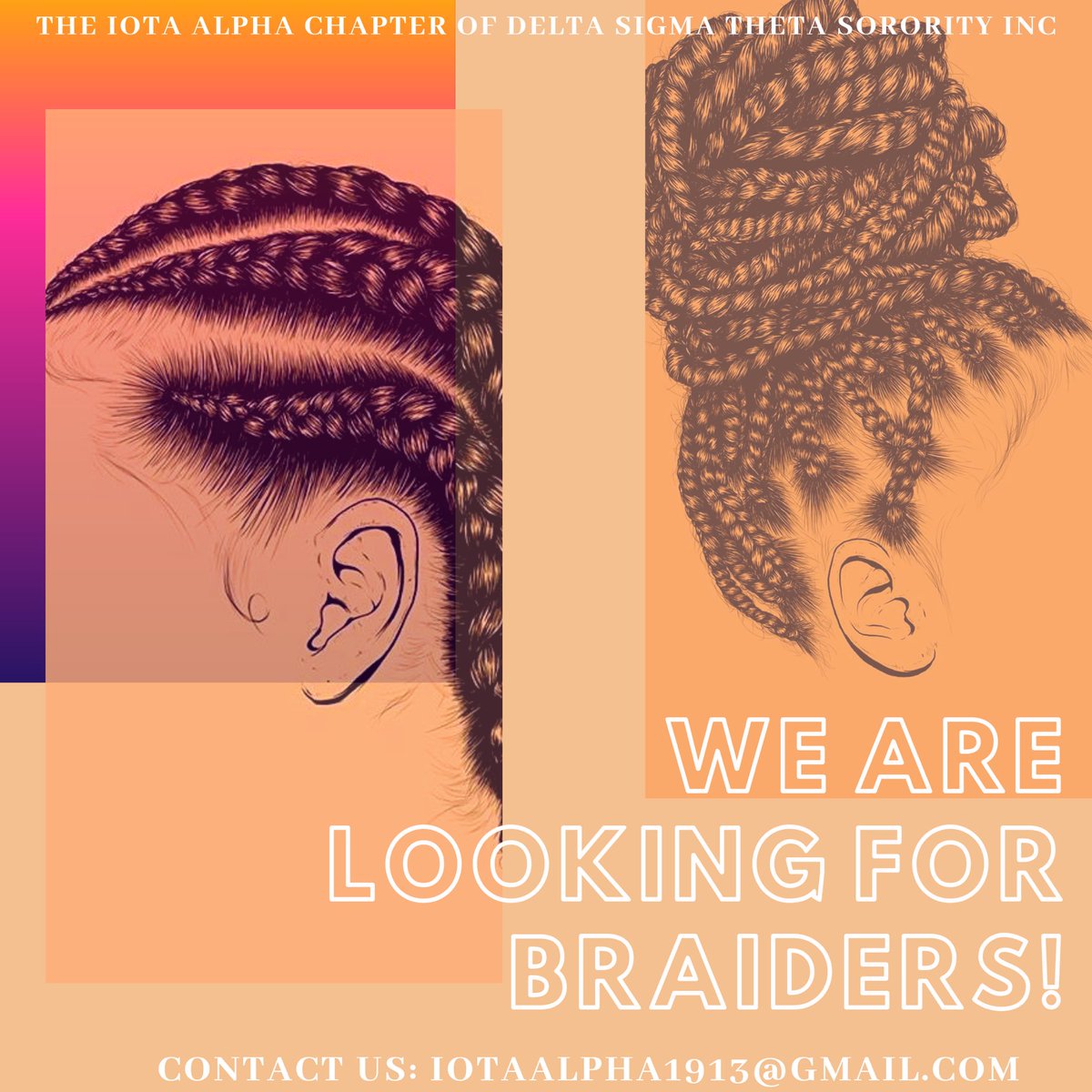 Can you cornrow? Do you braid your hair or your friends’? Well, we are looking for you! We would like to use your services to collaborate on a program. Please contact us at iotaalpha1913@gmail.com no later than September 11, 2019 if you are interested!
