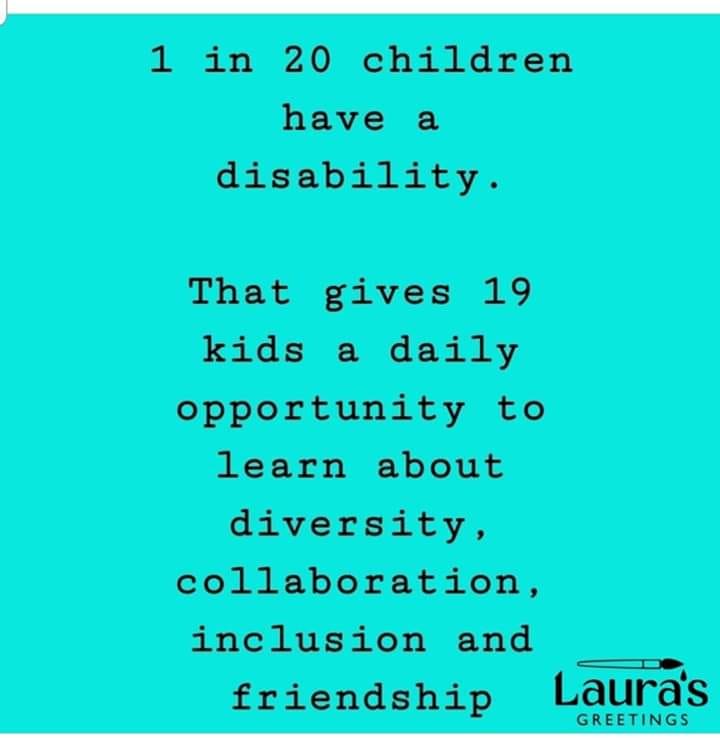 InclusionBC's tweet photo. 1 in 20 children has a #disability. That gives 19 kids a daily opportunity to learn about #diversity, collaboration, #inclusion and friendship. #bced #BackToSchool19 https://t.co/kWKOtJ3Jy9