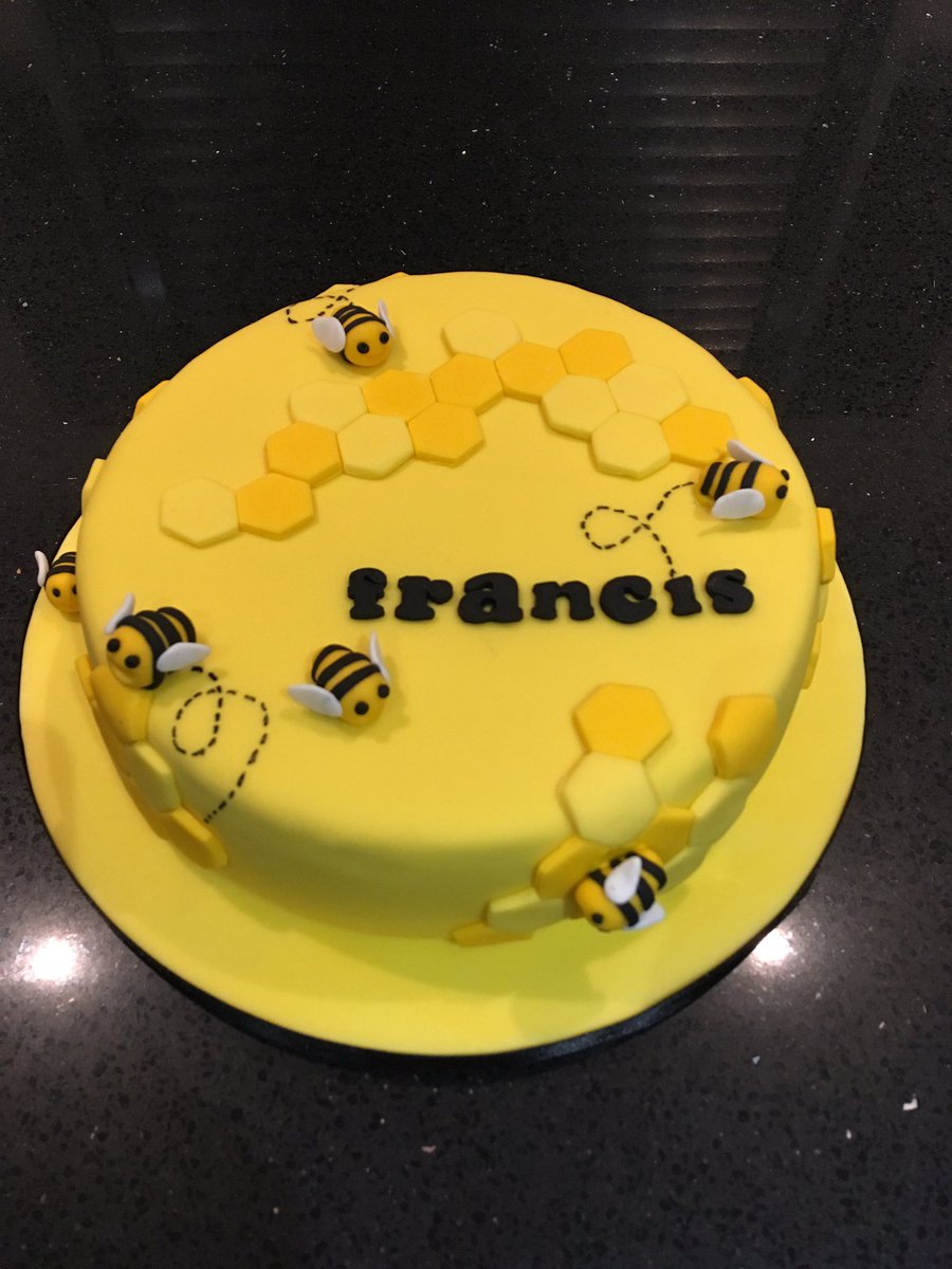 BakingFearn's tweet photo. Saw this bee cake in the window of my local @LakelandUK shop so thought I’d have a go for my husband’s birthday.  Dorset honey cake inside, fondant bees and honeycomb outside! https://t.co/ou14UBESIc