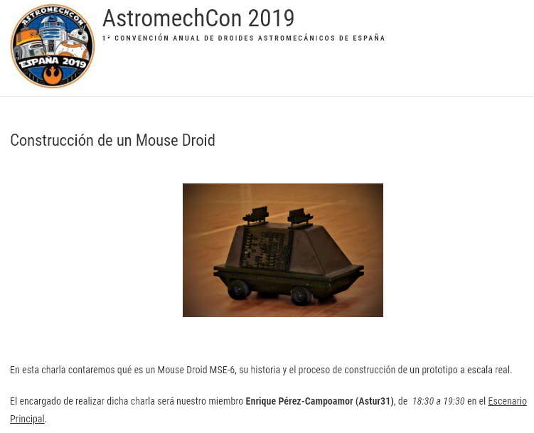 astromechspain's tweet photo. Ya va quedando menos para la AstromechCon 2019, y es el momento de empezar a presentar las actividades e invitados que tendremos.
Hoy os presentamos la charla sobre la construcción de Mouse Droids
Toda la info sobre la AstromechCon en https://t.co/t17wsBv39U #Astromechcon https://t.co/p5Dl9vQdXG