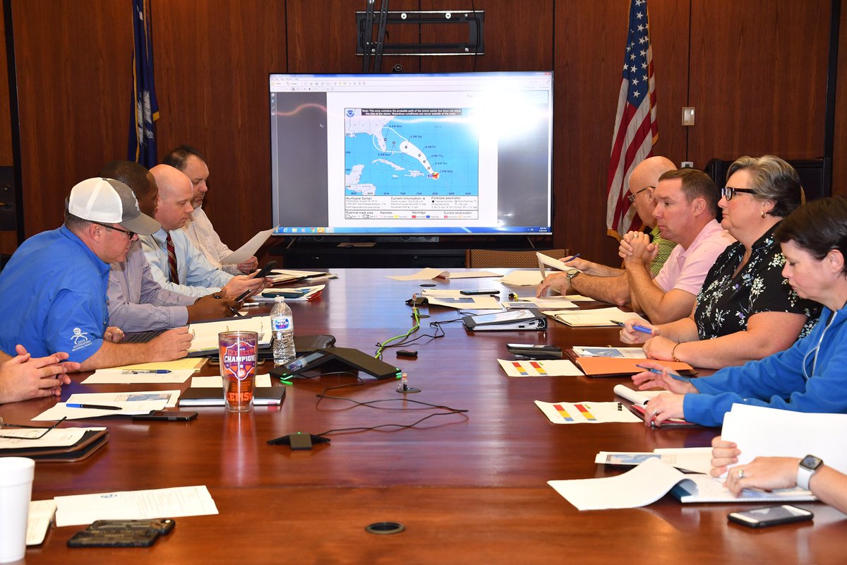 SCDOTPress's tweet photo. SCDOT Management are in a meeting on Aug. 28, 2019, to discuss the possible impacts Hurricane Dorian has on South Carolina. Staff will have equipment and employees ready as the storm gets closer to landfall. https://t.co/hCR2egPjCw