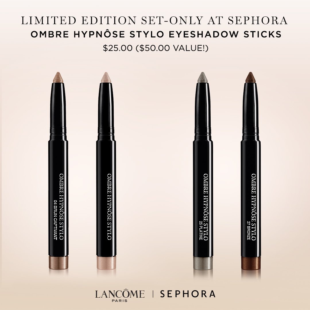 Lancôme USA on Twitter: "Create so many different looks with our Ombre Hypnôse Stylo Eye-shadow sticks! Choose a metallic brown &amp; rose gold or a silver&amp; deep bronze. Each set is