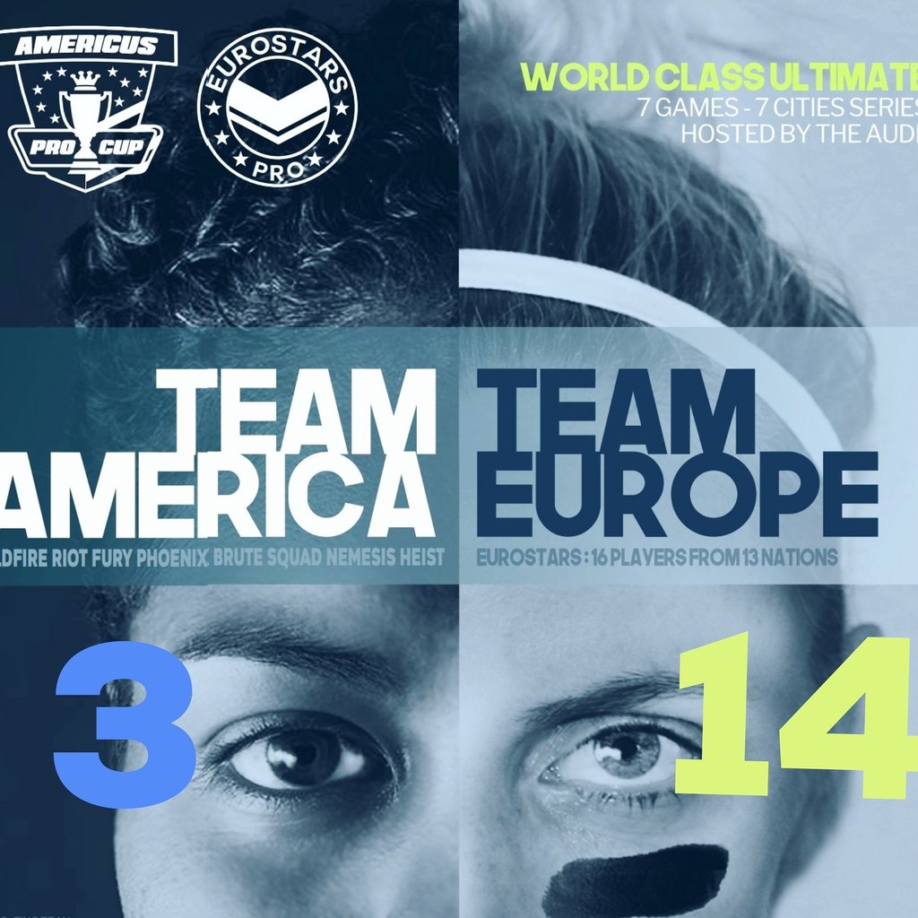 Team EUROPE dominates the 2019 Americus Pro Cup in impressive style. 6 out of 7 wins.

15-14 SD wildfire  (+ 1 Euro)
15-12 Riot (+2 Euro)
15-12 Fury (+2 Euro)
10-15 Phoenix (+3 America)
15-11 Brute Squad (+3 Euro)
15-7 Nemesis (+3 Euro)
15-6 Heist (+3 Euro)