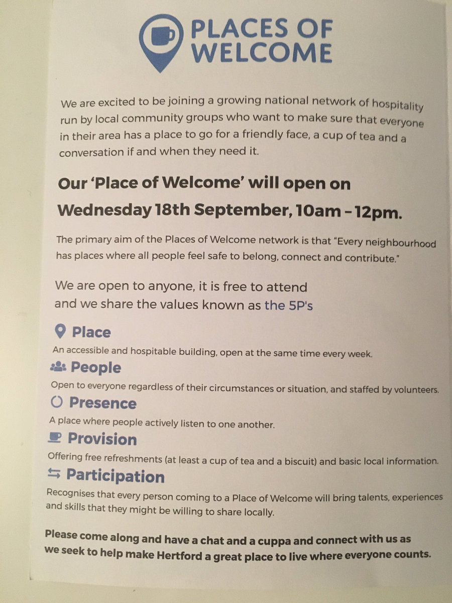 JaneSartin's tweet photo. I hadn’t heard of @PlacesOfWelcome before this leaflet from @HertfordBaptist Church, but it looks a great initiative. Coming to #Hertford at the church on the corner of Cowbridge/Port Hill from Wednesday 18 September. https://t.co/NVXN9r0OYc