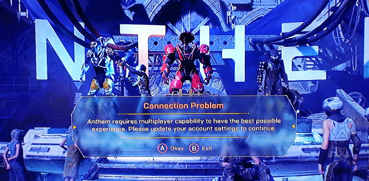 JonnoClyde's tweet image. I was freaking out like 'Glob darn it, what did I do this time?! No no, don't blame yourself, Anthem does mess up, a lot, it's clearly the game!' but nope, it's XBL doing its monthly global mayhem! At least we're all suffering together guys. 😌 #AnthemGame #XboxSupport