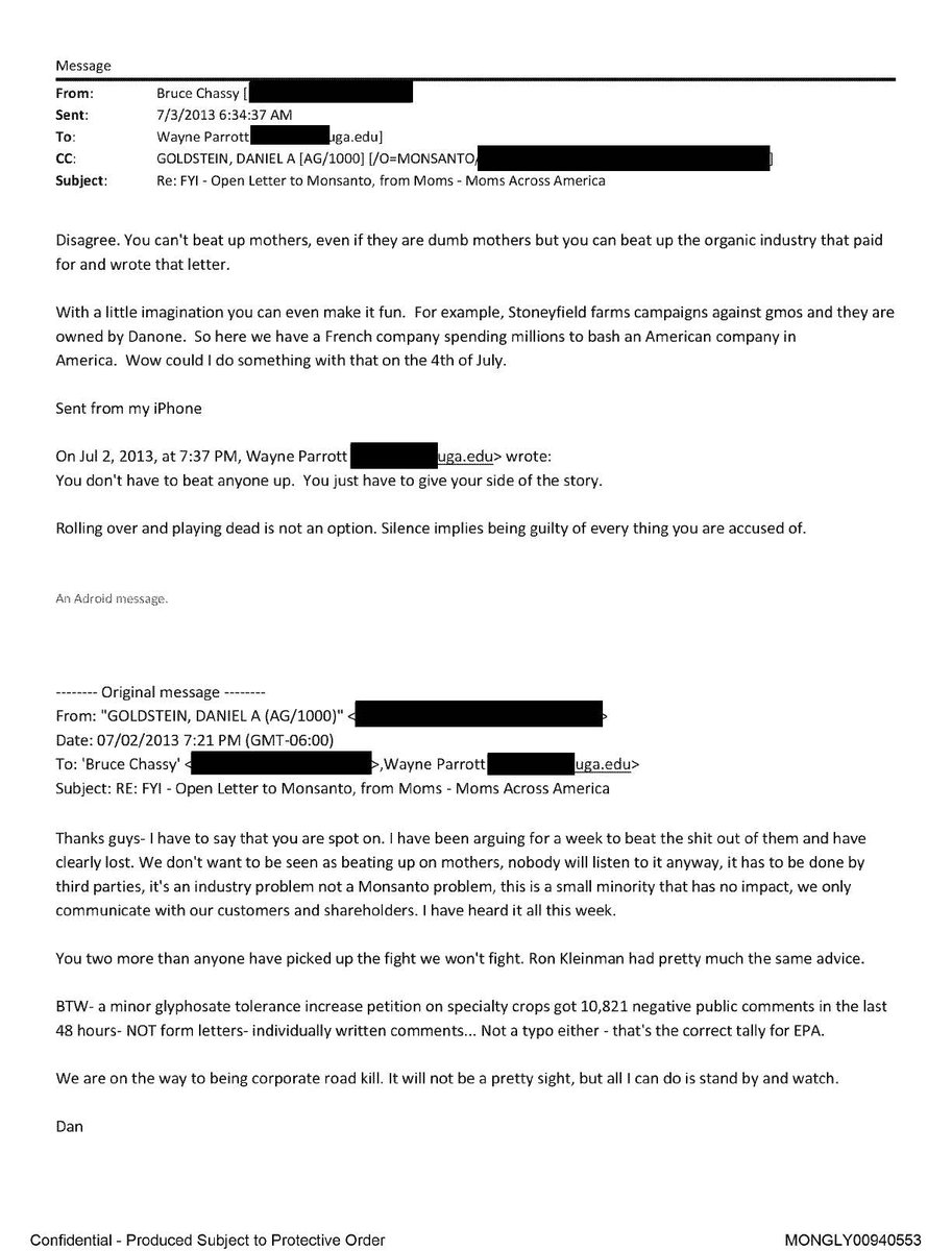 EricLiptonNYT's tweet photo. Monsanto executive here discusses "beat the shit" out leaders of "Moms Across America" group that challenged health safety of its Roundup weedkiller. Emails produced in lawsuit related to allegations regarding the weedkiller, AKA glyphosate https://t.co/XjQndmhryI