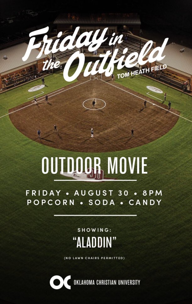 FreshmanExp's tweet photo. Friday in the Outfield!
August 30th at 8pm at Tom Health Field! Come out with your friends to watch the new Aladdin! https://t.co/8FAI83kAkW