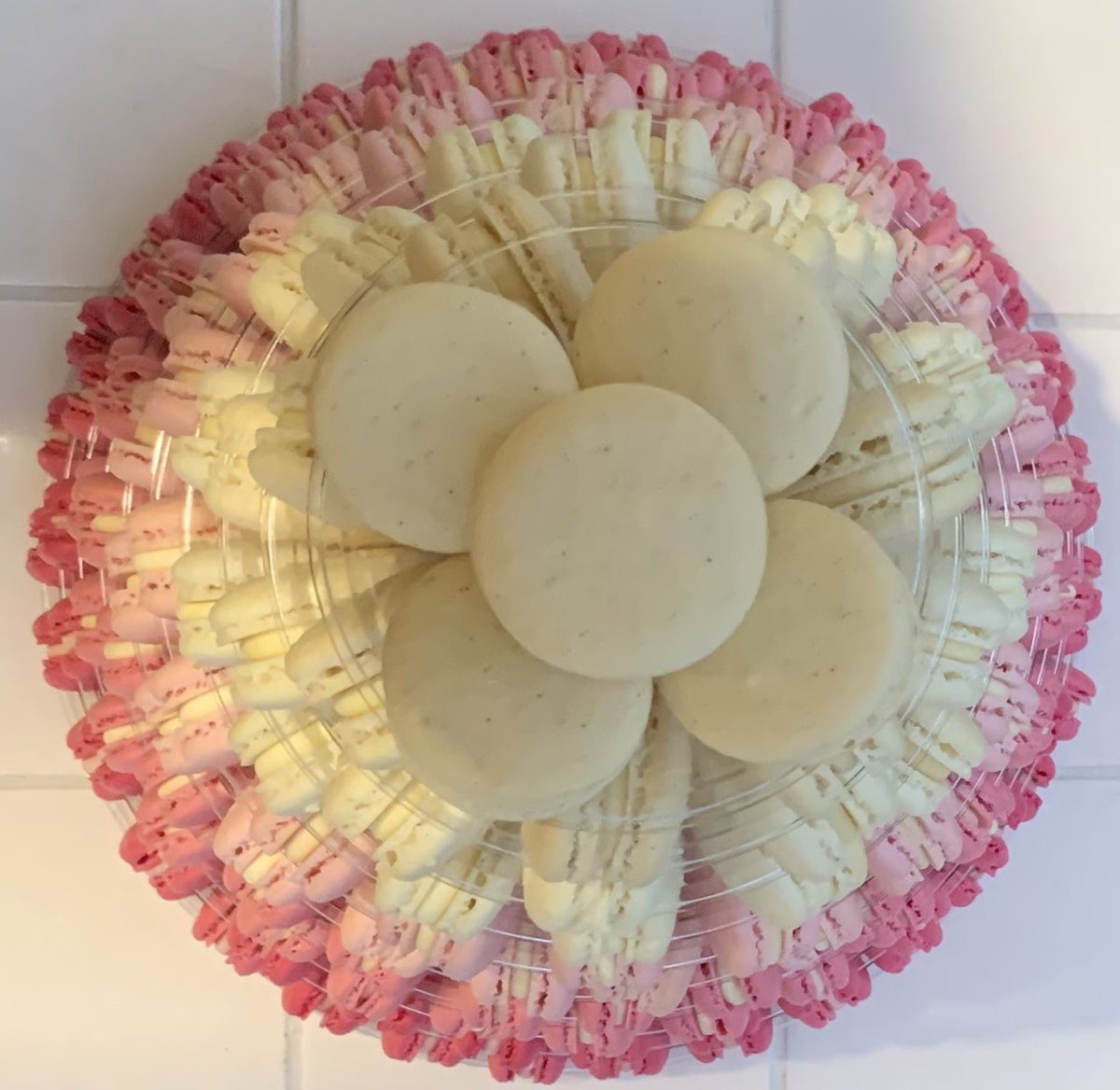 Another Macaron tower collected today for a special wedding this week The flavours include Vanilla, coconut, cherry Bakewell, strawberry and raspberry.