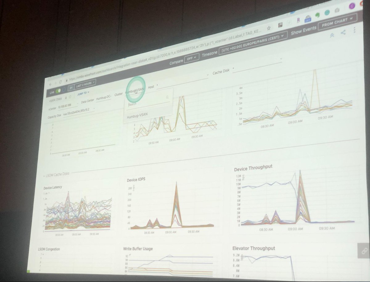 WavefrontHQ's tweet photo. Live #vmwarevsan & #WavefrontHQ demo thanks to #vmware VSAN engineering team. @VMworld2019 @vmwarevsan data in @WavefrontHQ Alert on any #vmwarevsan metrics. Correlate all metrics #application #vsan #vsphere @ambekar_nikhil #vmwareonvmware https://t.co/YOZ6rdm4ry