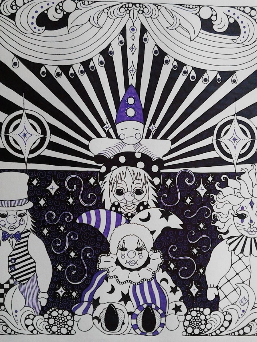 CCKimberley's tweet photo. 'Clown Curiosities' apx A2 #ink #drawing #art #artwork #inkstudy #inkdrawing #stars #clowns #clown #circus #gothic #ornate #blackandwhite #posterstyle #montage #curiosities #jester #joker #harlequin #mime #sideshow #bigtop #patterns #independentartist https://t.co/JhhMhwUmXp