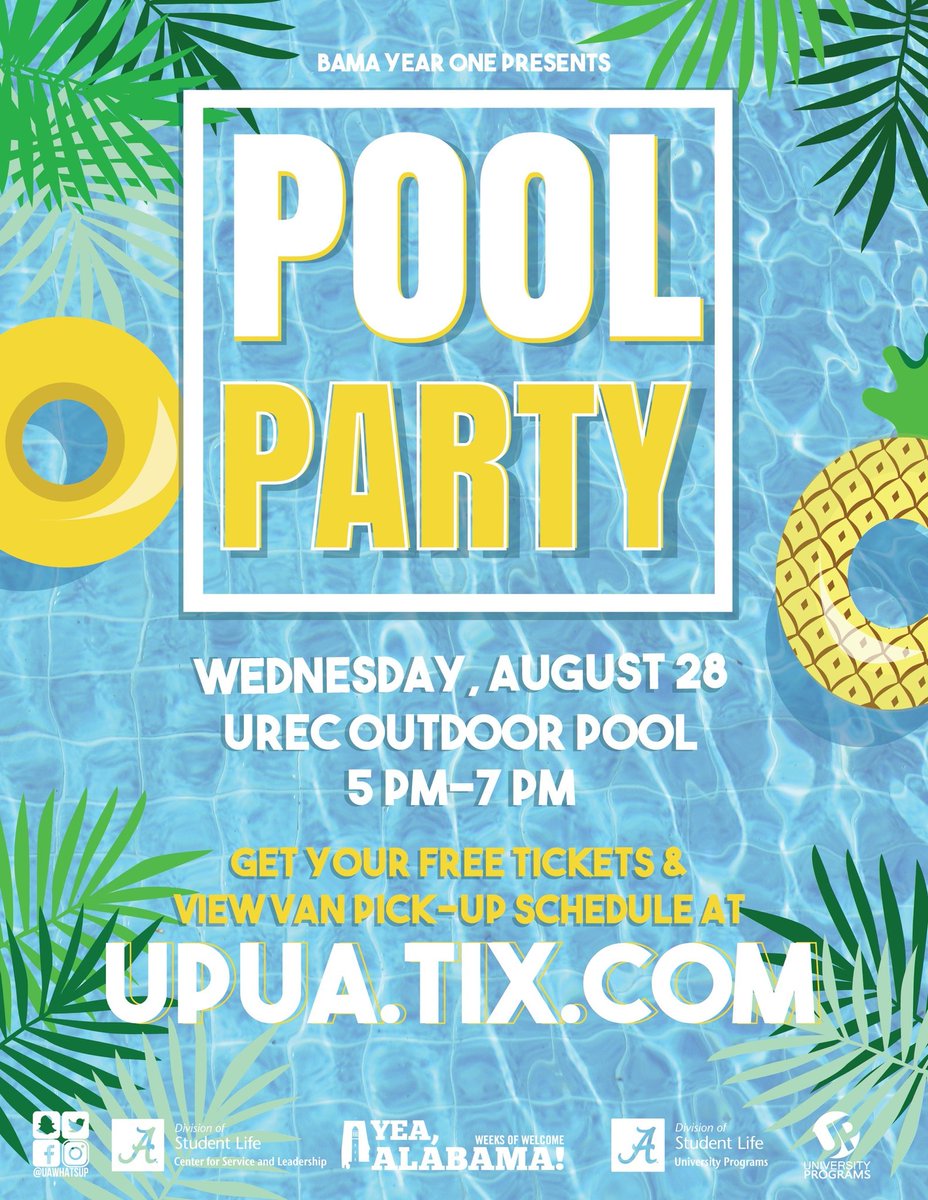 Still some time left to lounge by the pool with your friends! Head over to the UREC before 7 p.m. to learn more about Bama Year One and ways you can volunteer this year 🔥