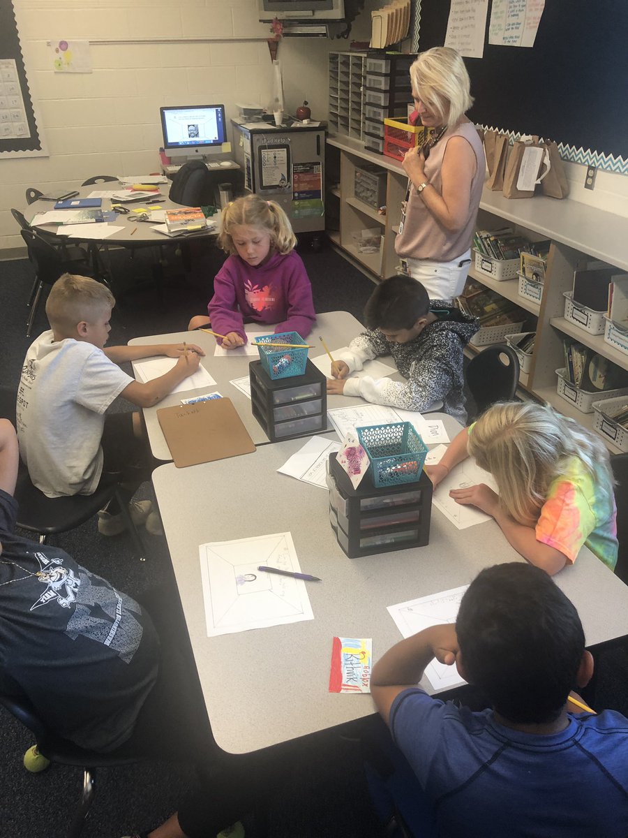 Mrs_Tackett's tweet photo. We are excited to work with @StpierreAmy this year! Today we talked about depth! Ask your child to share what they put on their paper. @HilliardWolves https://t.co/vlSojZw8ZG