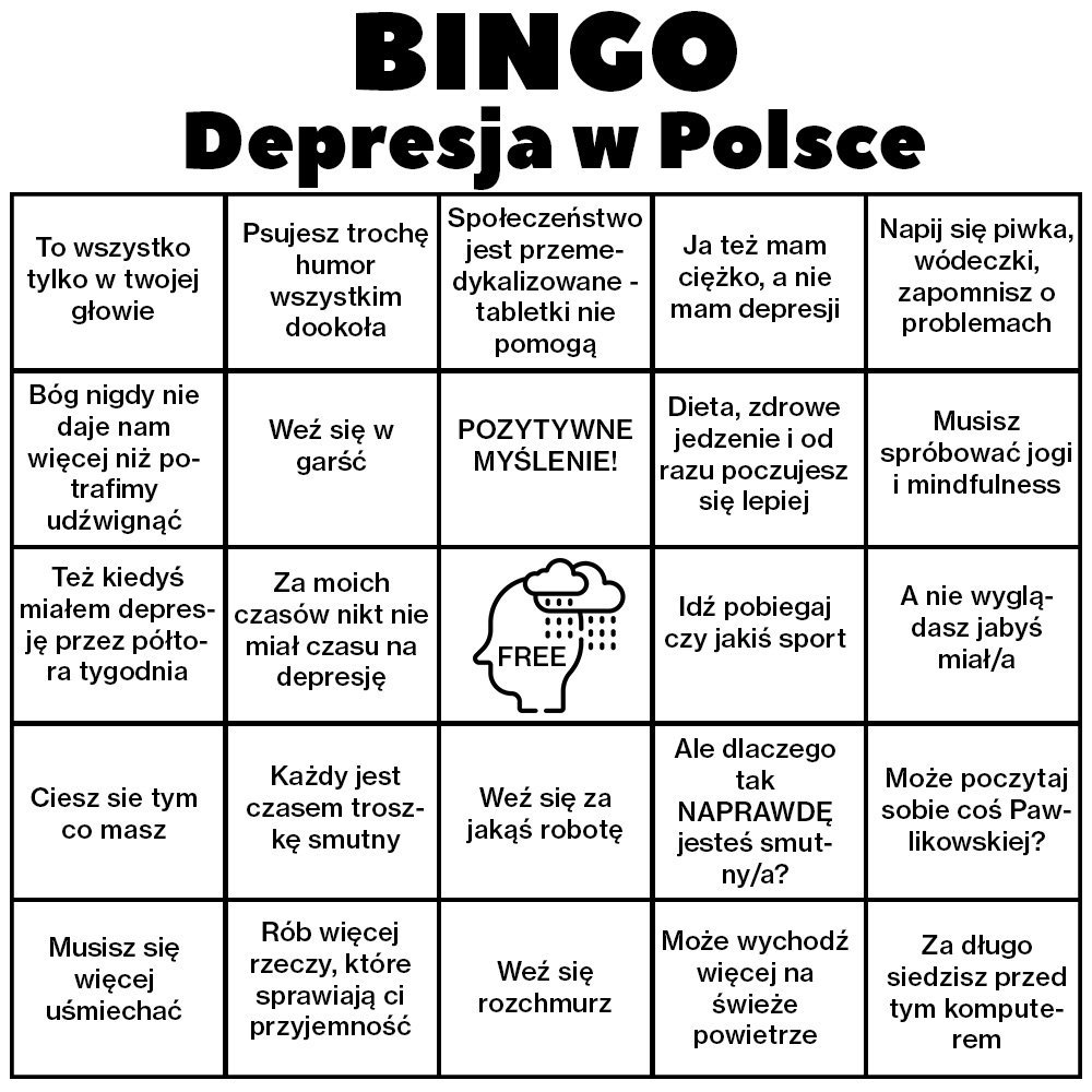 prestiz_pogarda's tweet photo. Za sugestią naszych followersów na fejsie stworzyliśmy Bingo dla osób cierpiących na depresję w Polsce. 

Nie jesteśmy do końca przekonani czy tego najbardziej potrzebują, ale kto wie. 

Wygrana nic nie daje. https://t.co/nrrvlpAQmf
